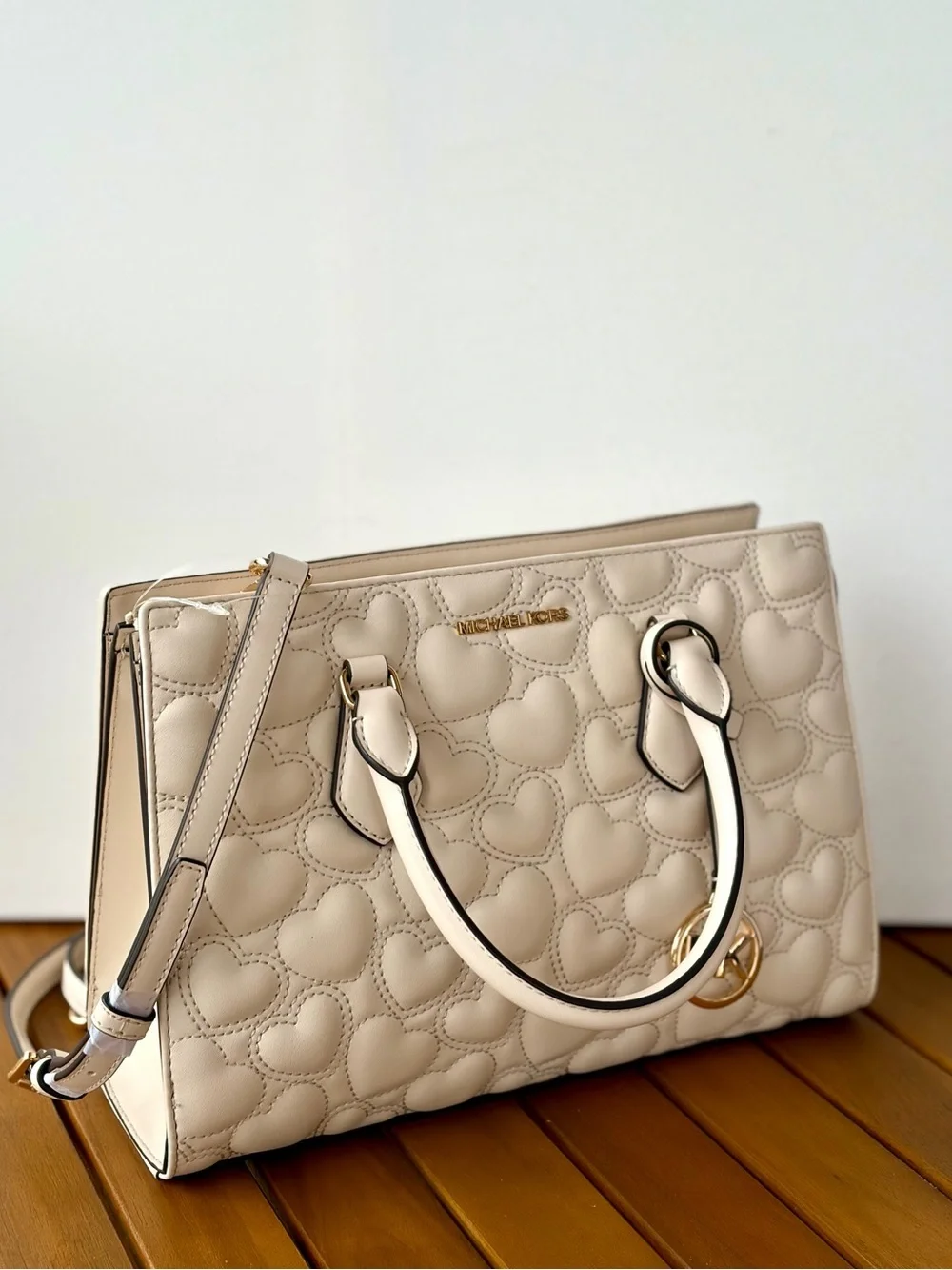Michael Kors Cream Quilted Heart Satchel with Gold MK Charm
